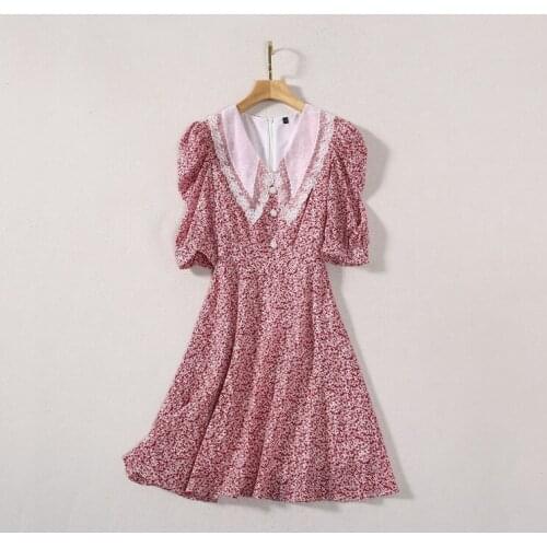 Womens European and American clothing 2021 summer new style Five-minute sleeves with bubble sleeves Chrysanthemum print dress