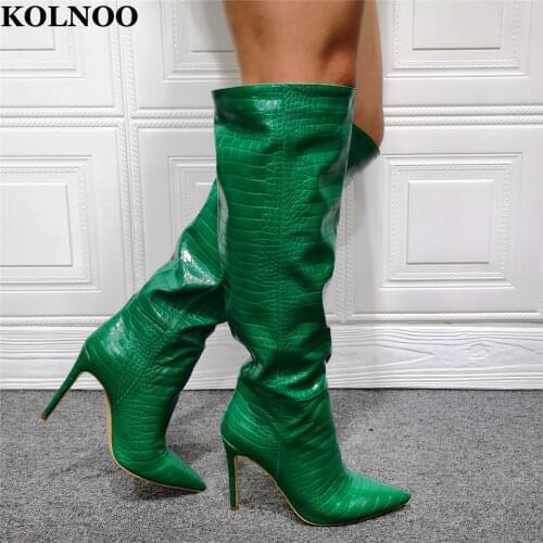 Kolnoo Handmade Real Photos Womens High Heels Boots Pointed-Toe Sexy Party Dress Knee-High Boots Evening Fashion Winter Shoes