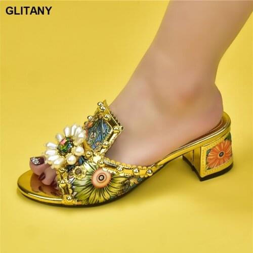 Latest Design Plus Size Women Shoes 43 Open Toe Pumps Low Heels Sexy Ladies Nigerian Women Wedding Shoes with Rhinestone