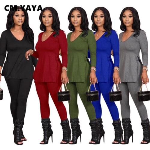 CM.YAYA Streetwear Solid Sweatsuit Womens Set V-neck Slit Tops Legging Pants Set Active Tracksuit Two Piece Fitness Outfit Set
