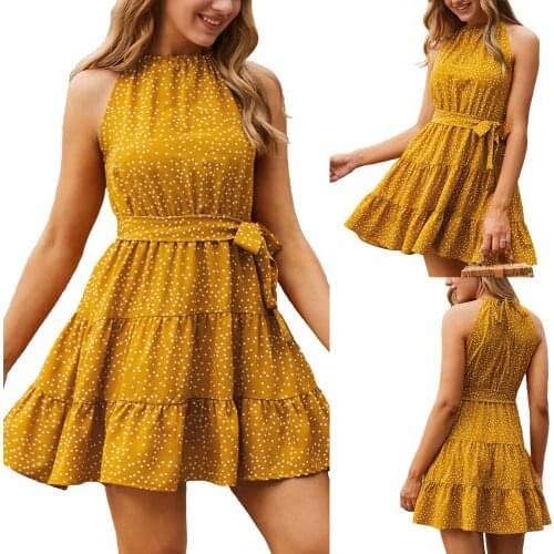 IMCUTE Bohemian Halter Neck Lace Dress Womens Street Casual Polka Dot Print Round Neck Sleeveless A-line Skirt Y2K Sun Dress