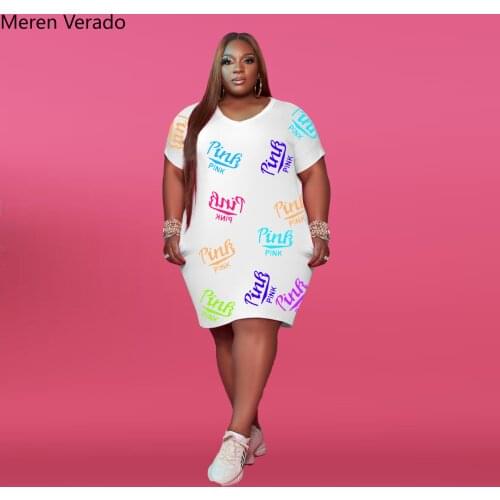 Meren Verado Plus Size Pink Letter Print Womens Dress Short Sleeve V-neck Classic T-shirt Style Slim Knee Length Dresses