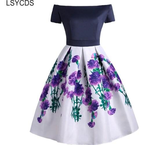 LSYCDS Party Pleated Dresses Elegant Women Two Tone Off Shoulder Purple Floral Classy Vintage Fit and Flare Ladies Dress