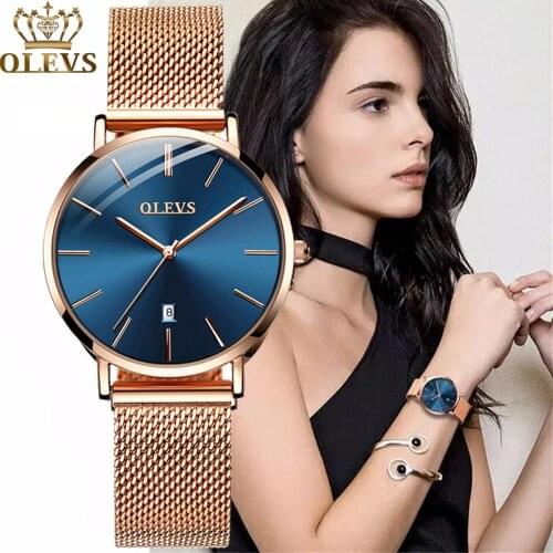 Zegarek Damski Thin Ladies Watch Slim Rose Gold Mesh Stainless Steel Watches Women Blue Top Brand Luxury Ladies Wristwatch Date