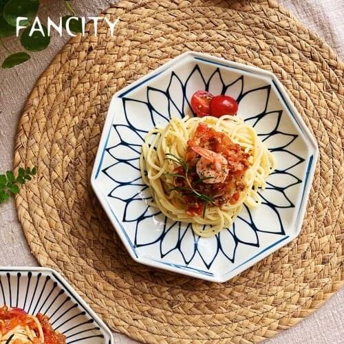 FANCITY ins underglaze Japanese octagonal line plate bowl ceramic household tableware dish cold dish plate