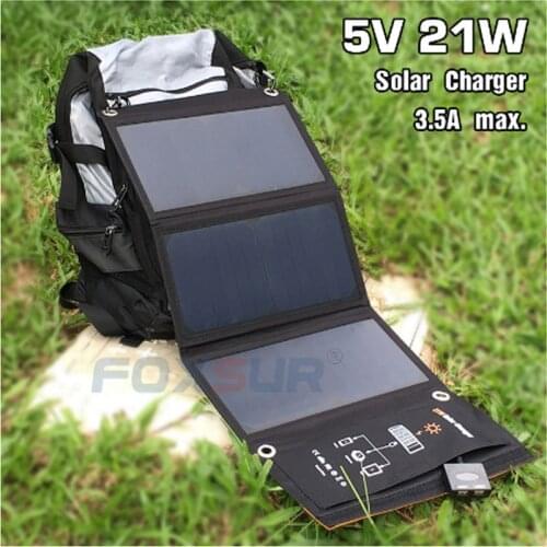 FOXSUR Foldable Portable Climbing Charger 5V 21W Solar folding bag Outdoor solar charger panel 5V 3.5A For cell Phone charger