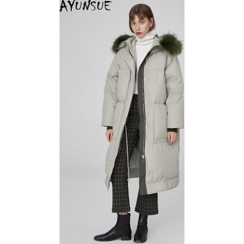 AYUNSUE Fashion High Quality Womens Down Jacket Raccoon Fur Collar Hooded Women Coats Female Winter Parkas Ropa Mujer Zjt251