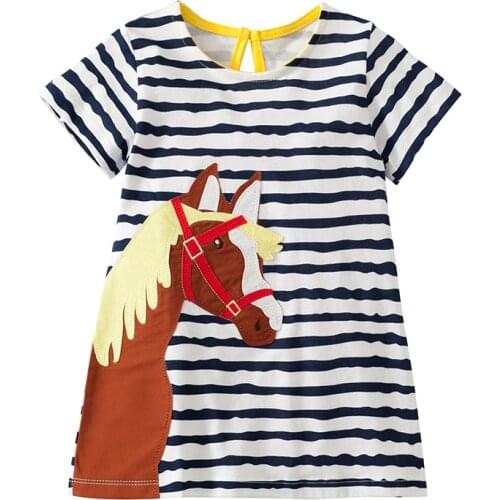 Little Maven New Summer Kids Clothing Blue Striped Short-Sleeved Applique Horse Head O-neck Knitted 1-6yrs Cotton Girls Dresses