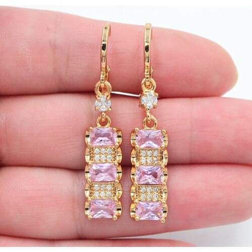Gold Color Women Fashion Pink Zirconia CZ Geometric Blocks Dangle Earrings Jewelry