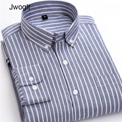 Spring Autumn Mens Long Sleeve Solid Oxford Dress Shirt Striped White Casual Blouse Regular-fit Tops Button Down Shirts