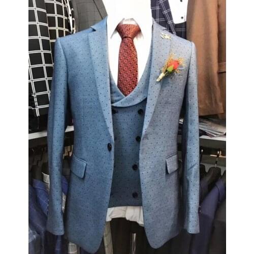 2020 Blue Dots Printed Suit Men 3 Pieces Wedding Suits for Men Formal Business Men Blazer Groom Tuxedo Jacket Vest Pants