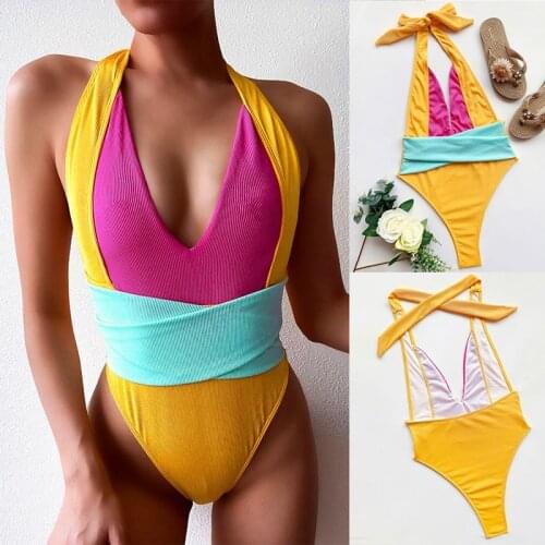 Sexy Splicing V Neck One Piece Swimsuit Women Backless Swimwear Swim Suit Female Bodysuit Beach Bathing Suits