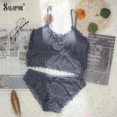 SALSPOR Women Underwear Set Sexy Lace Lingerie Push Up Seamless Bralette Set Solid Wireless Padded Bra Suit