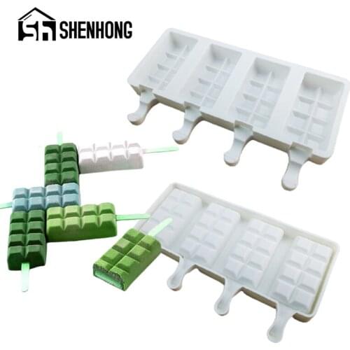 SHENHONG Summer Cold Drink Silicone Popsicle Molds 4 Cavity Ice Cream Moulds Wooden Sticks Juice Dessert Cube Tray Baking Tools