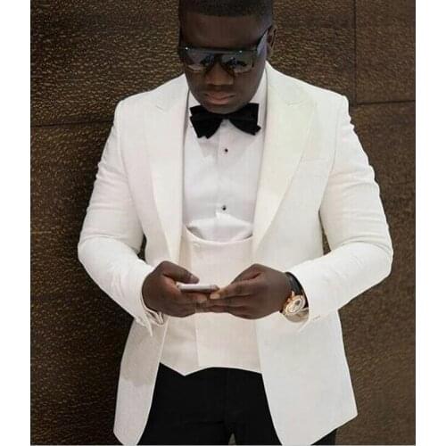 White Formal Groom Tuxedo for Wedding African Fashion Slim Fit Men Suits 3 Piece Male Jacket Vest with Black Pants 2021