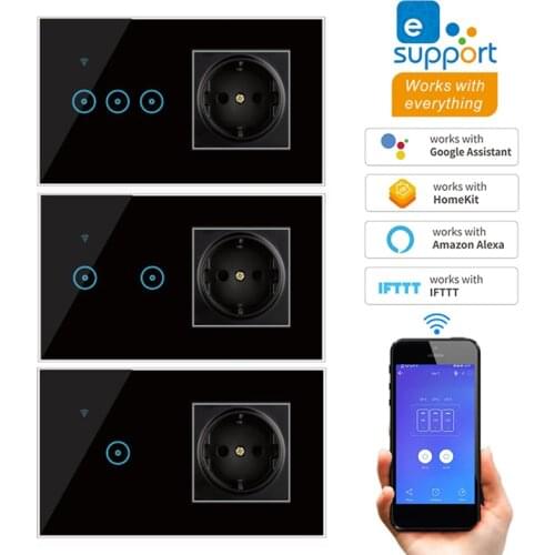 EU Standard Smart Light Switch Panel Wall 1/2/3 Gang wifi Light Switch 90V-240V AC WiFi EU Socket Work with Alexa Google Home