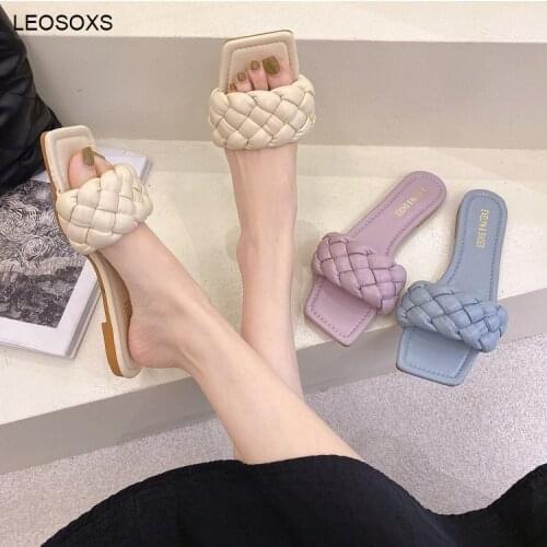 Womens Summer Slippers 2021 Summer New Fashion Braided Flat Square Toe Slippers Casual Beach Holiday Shoes