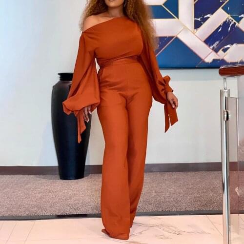 Africaine Elegant 2021 Jumpsuit For Women Off the Shoulder Lantern Sleeve High Waist Sexy Rompers Solid Ladies Clothing Daily