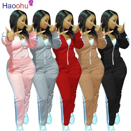 HAOOHU Side Striped Splicing Two Piece Set Women Turtleneck Full Sleeve Zipper Jackets and Jogger Sweatpant Matching Outfit