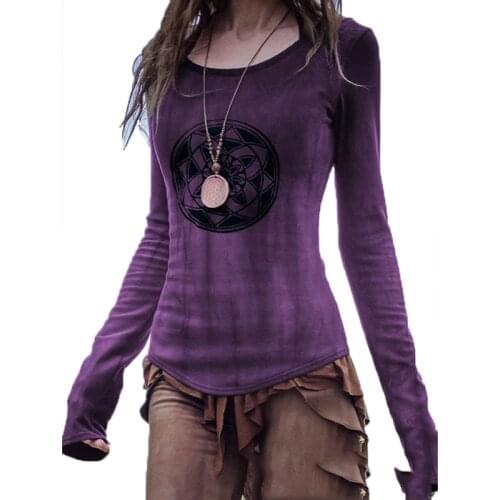 2021 New Costume for Women Medieval Shirts Vintage Print Long Sleeve Tops Gothic Punk Viking Cosplay Renaissance Fancy Clothing