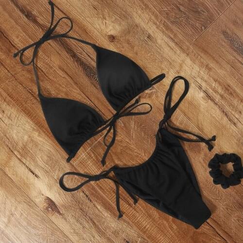 Three Pieces Low Waist Bikini Swimsuit Women Solid Bandage Swimwear Push Up Sexy Bikinis 2020 With Headband Brazilian Beachwear