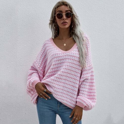 2021 Autumn Off Shoulder Sweater Pullover Women Winter V Neck Striped Sweater Women Jumper Loose Knitted Sweater Ladies Knitwear