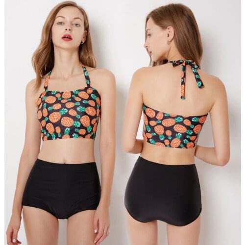 Womens Big Girls' Crop Top & High Waisted Boyshorts Bottom 2pcs Swimsuit Set Halter Pineapple Printed Beachwear Bathing Suits