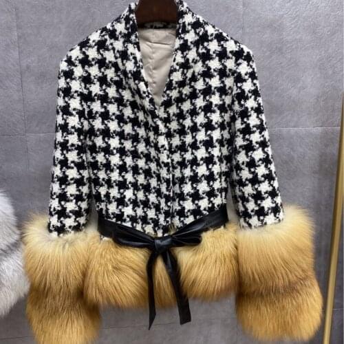 2020 Winter new Women Houndstooth Coats With Natural Fox Fur sleeves hem Cashmere Wool Blends Outerwear Ladies Streetwear