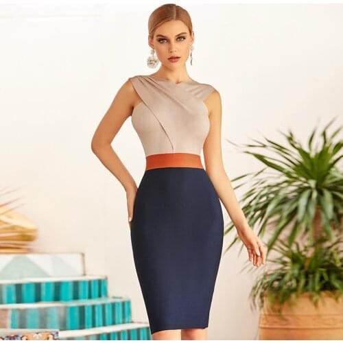 Seamyla 2021 New Summer Women Sleeveless Patchwork Bodycon Bandage Tank Midi Club Celebrity Evening Runway Evening Party Dress