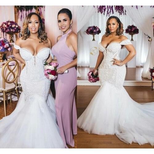 Plus Size Mermaid Wedding Dresses Bridal Gown Off the Shoulder Lace Sweep Train Tulle Custom Made 2021 African Dubai Arabic