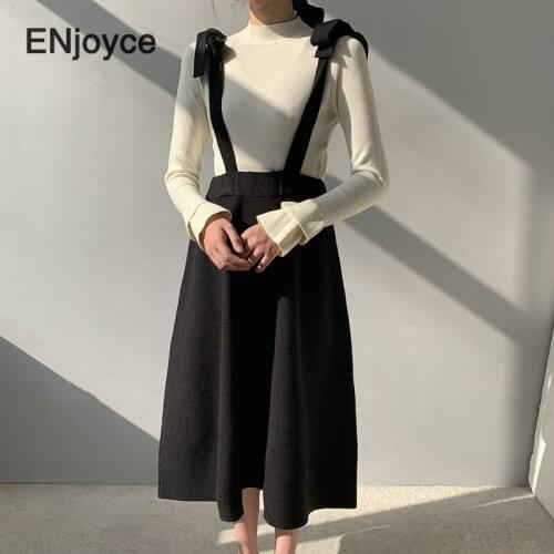 Winter Womens Knitted Skirts Vintage Official Lady Sexy A Line High Waist Skirt Korean Fashion Bow Strap Black Party Clothes