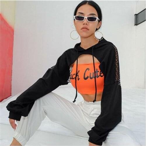 2020 Womens Ladies Spring Party Club Long Sleeve Sexy Mesh Fish Net Hooded Sweatshirt Crop Tops Black
