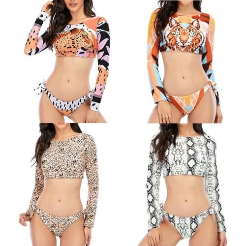 2021 new leopard bikini womens long sleeve sunscreen swimsuit bandage Swimsuit Bikini
