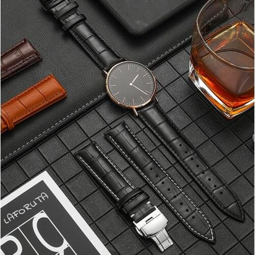 20mm 22mm 24mm Calfskin Leather Watch Band Strap for Tissot Seiko Samsung Huawei Garmin Watchband Butterfly Buckle Wrist Strap