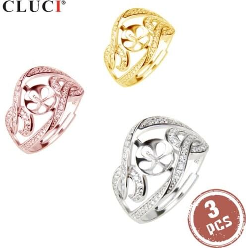 CLUCI 3pcs Silver 925 Ring for Anniversary 925 Sterling Silver Adjustable Zircon Women Ring Setting Women Fine Jewelry SR2037SB