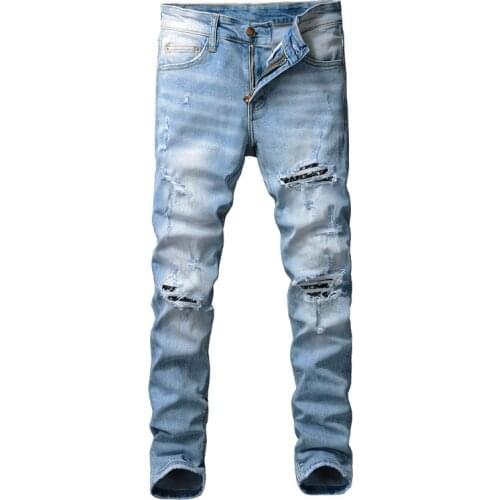 American Street Fashion Men Jeans Retro Light Blue Slim Fit Ripped Jeans Men Destroyed Patch Designer Hip Hop Denim Punk Pants