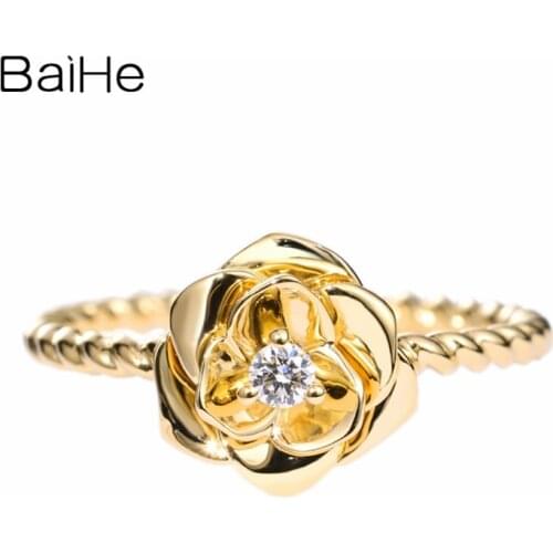 BAIHE Solid 14K Yellow Gold H/SI 0.05ct Natural Diamond Wedding Women Trendy Fine Jewelry Gift Beautiful flower diamond Ring