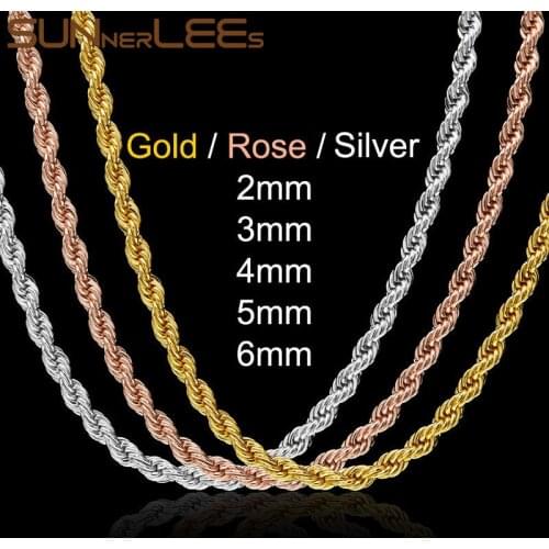 SUNNERLEES 2mm~6mm Rope Twisted Chain Necklace Rose Gold Silver Color Men Women Fashion Jewelry Gift C44 N