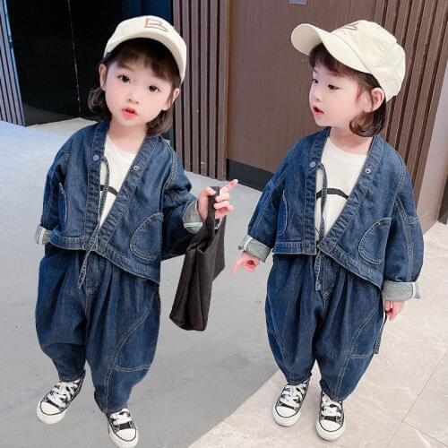 Girls Irregular Denim Set 2021 Spring And Autumn New Children Korean Fashion Little Kids Leisure Clothing Coat + Jeans