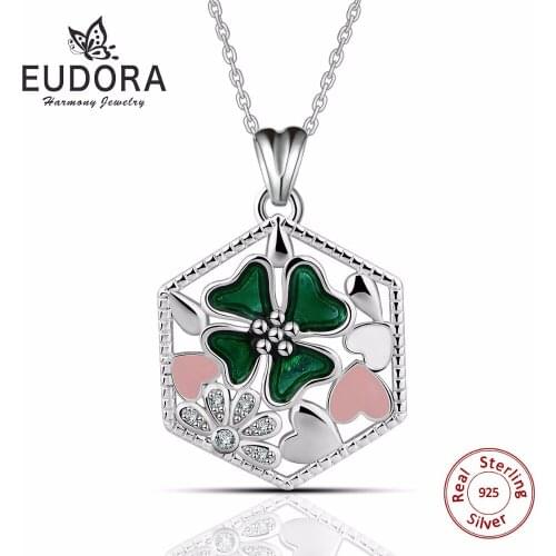 Eudora 100% 925 Sterling Silver Hexagon Green Clover Pendant Necklaces CZ Pink White Flower Women Romantic gift Jewelry CYD074