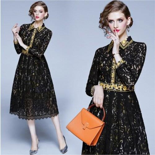 2021 spring summer Runway Long Sleeve Dress Vintage Floral Print Elegant Lace Patchwork Hollow Out Dress