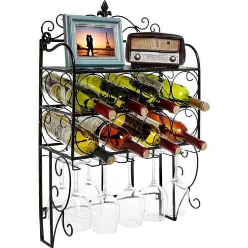 Metal Iron Wall 46x21x75cm Mounted 8 Bottle & 6 Glass Stemware Wine Rack Display Storage Organizer Top Shelf for Sale