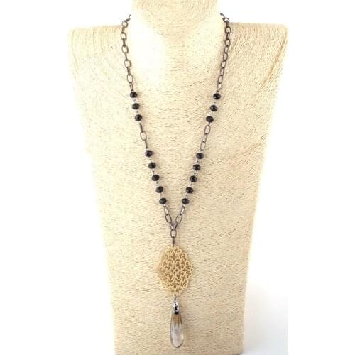 Fashion Bohemian Jewelry 8mm Glass Rosary Chain Metall Grid Link Crystal Drop Pendant Necklaces For Women Necklace