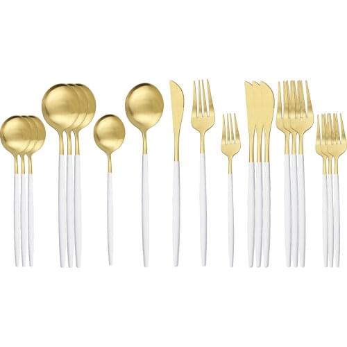 20Pcs White Gold Tableware Set Matte Knife Dessert Spoon Fork Cutlery Set Stainless Steel Dinnerware Set Kitchen Flatware Set