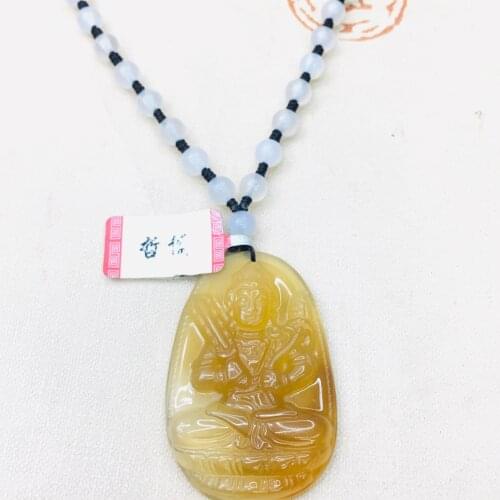 Natural Brazilian ice bottom chalcedony jade carving light two-color Buddha pendant with chalcedony beads necklace sweater chain