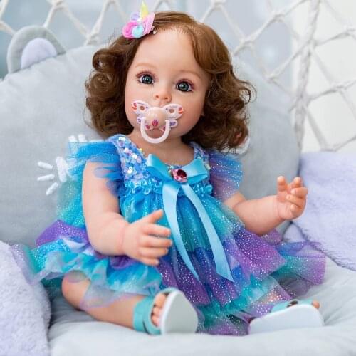 Bebes doll 55CM FUll body Silicone Reborn Toddler Girl Princess Sue-Sue Hand-detailed Painting Rooted brown Hair waterproof Toy