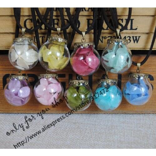 Wholesale 50pcs lobular hydrangea Glass Vial Pendant Necklace Dry Flower Glass Globe Leather necklace 25x15mm glass