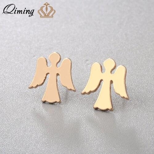 QIMING Guardian Angel Earrings Women Amulet Jewelry Birthday Gift Girl Gold Angel Cross Stud Earrings Bijoux