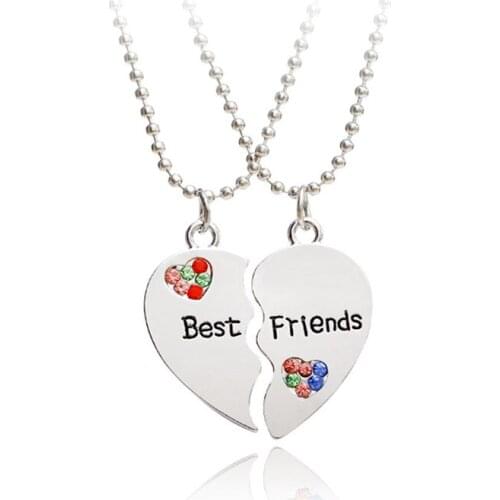 1 Pair Half Love Heart Colorful Rhinestone Pendant Best Friend Necklace Friendship Gift For Love
