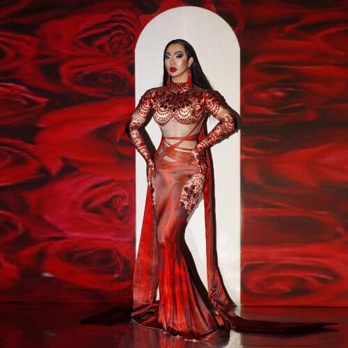 Luxury Red Rhinestone Print Women Slim Mermaid Dress Singer Dance Stage Performance Outfit Evening Party Celebrate Long Dresses